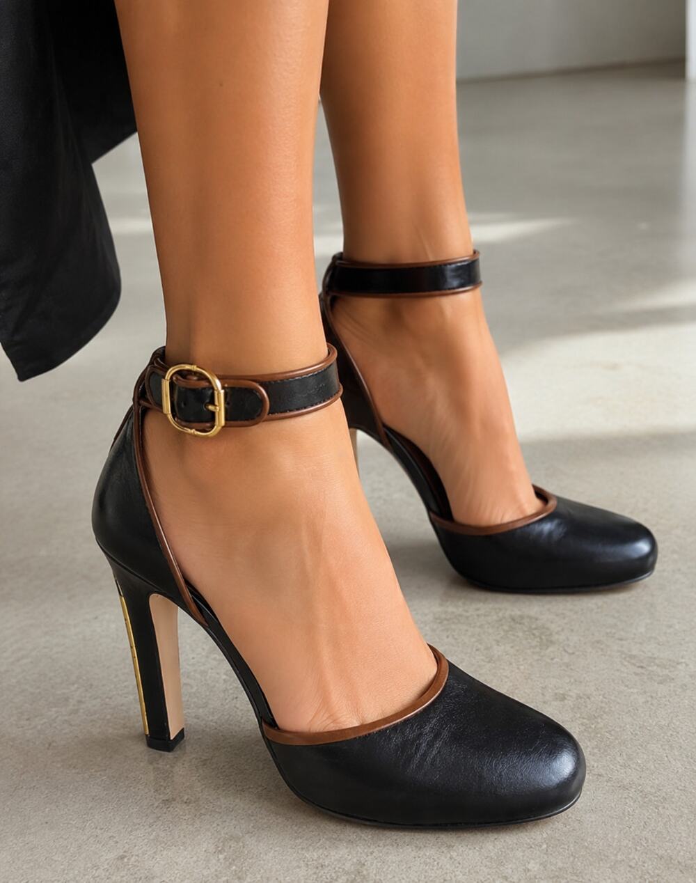 Miu Miu VTG SZ 38 (8) Calzature Donna Black Pumps Brown Piping Ankle Straps